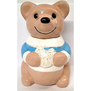 Vintage Tan Bear Holding a Cookie with a Blue/White Sweater Ceramic Cookie Jar